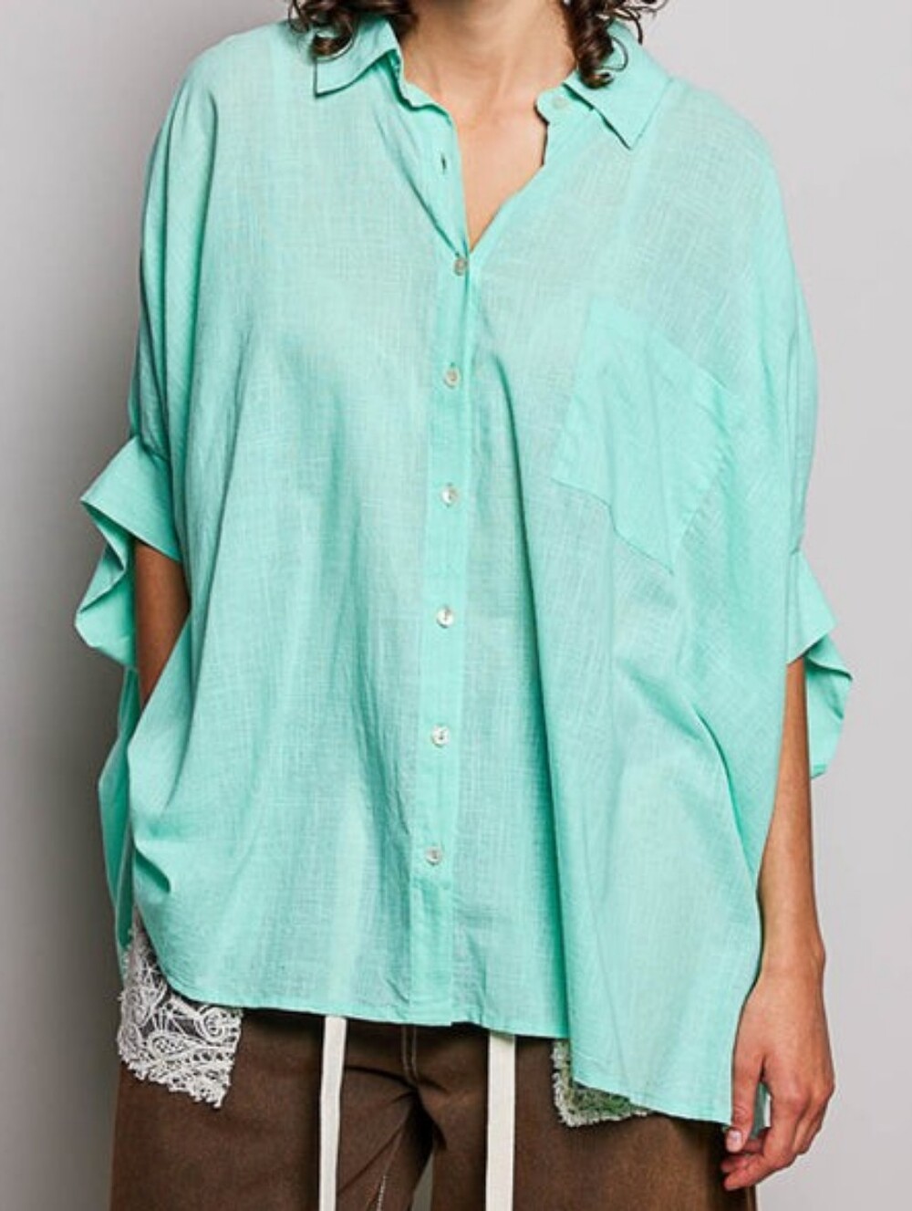 POL Dolman Sleeve Mint Green Button-Down Linen Shirt Size L EUC